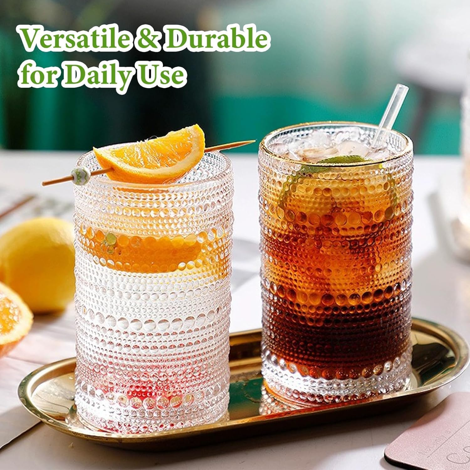 Vintage Hobnail Drinking Glasses Set of 8, 12 Oz Highball Glasses & 10 Oz Cocktail Glasses Set, Kitchen Water Glasses Cup, Bar Tumbler Glassware Set for Beer, Juice, Cocktail, Whiskey, Milk