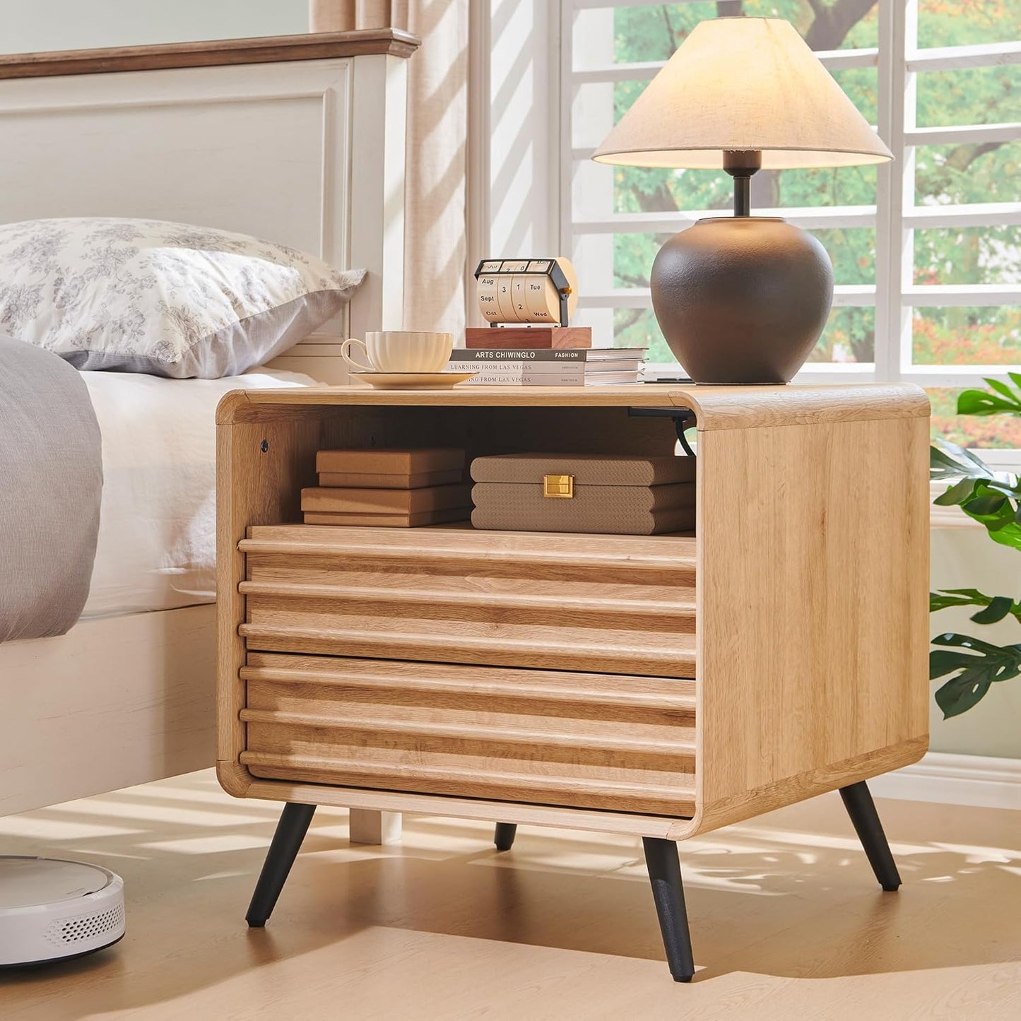 24" Nightstand with Charger Station, Mid Century Modern Fluted End Table with 2 Drawers, Wooden Side Table with Open Cubby Storage for Living Room, Bedroom, Office (Dark Walnut)