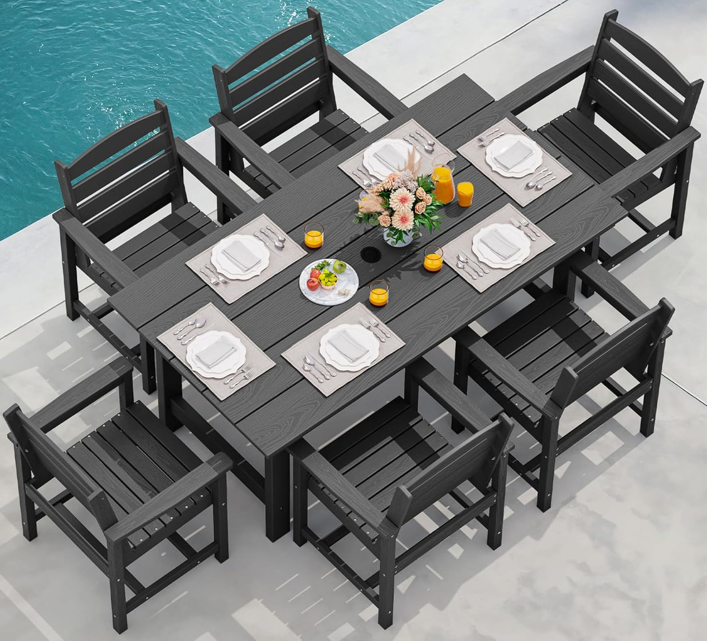 Patio Dining Table Sets 5-Piece, Outdoor HDPE Dining Furniture Set with Umbrella Hole Cut-Out Table and 4 Chairs, All Weather Dining Set for Lawn, Garden, Backyard, Poolside, Black