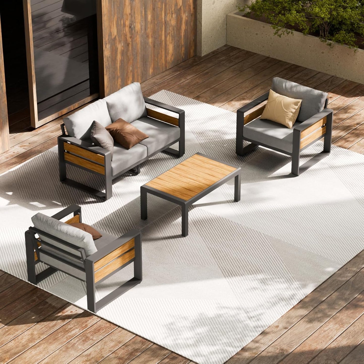 Aluminum Outdoor Patio Furniture Set, 5-Piece Metal Modern outside Sectional Conversation Lawn Furniture with Coffee Table & Washable Thick Cushions,Seating Sofa for Garden/Backyard/Porch Grey