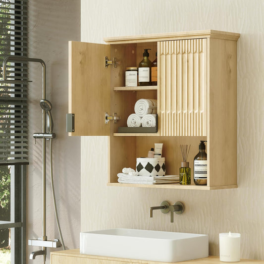 Wall Mounted Cabinet, Modern Medicine Cabinets with Fluted Doors and Adjustable Shelf over the Toilet Storage Organizer
