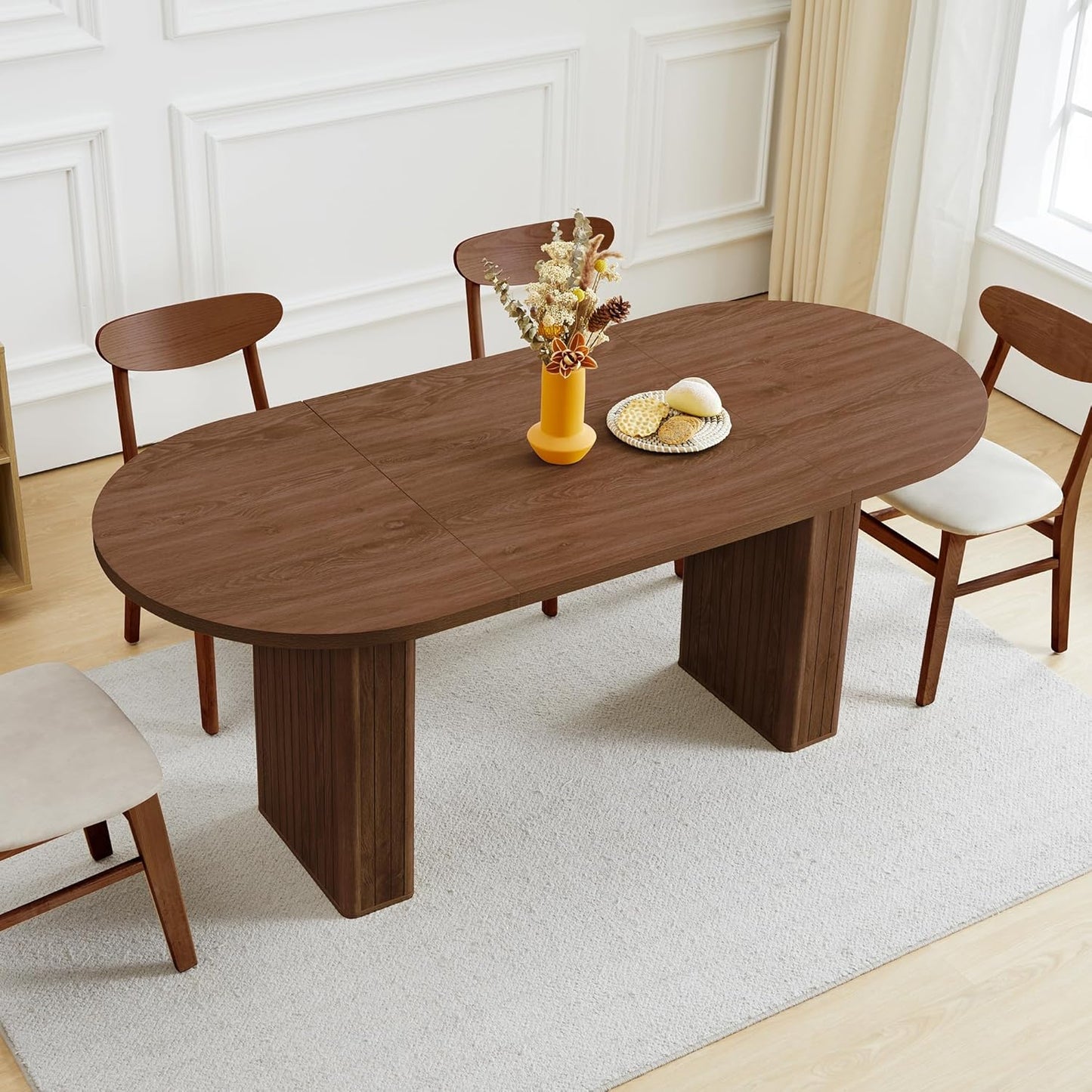 70.8 Inch Dining Table for 4-6 People, Oval Kitchen Table with Semi-Cylindrical Legs Base, Modern Farmhouse round Dinner Tables for Dining Room Kitchen Living Room (Walnut)