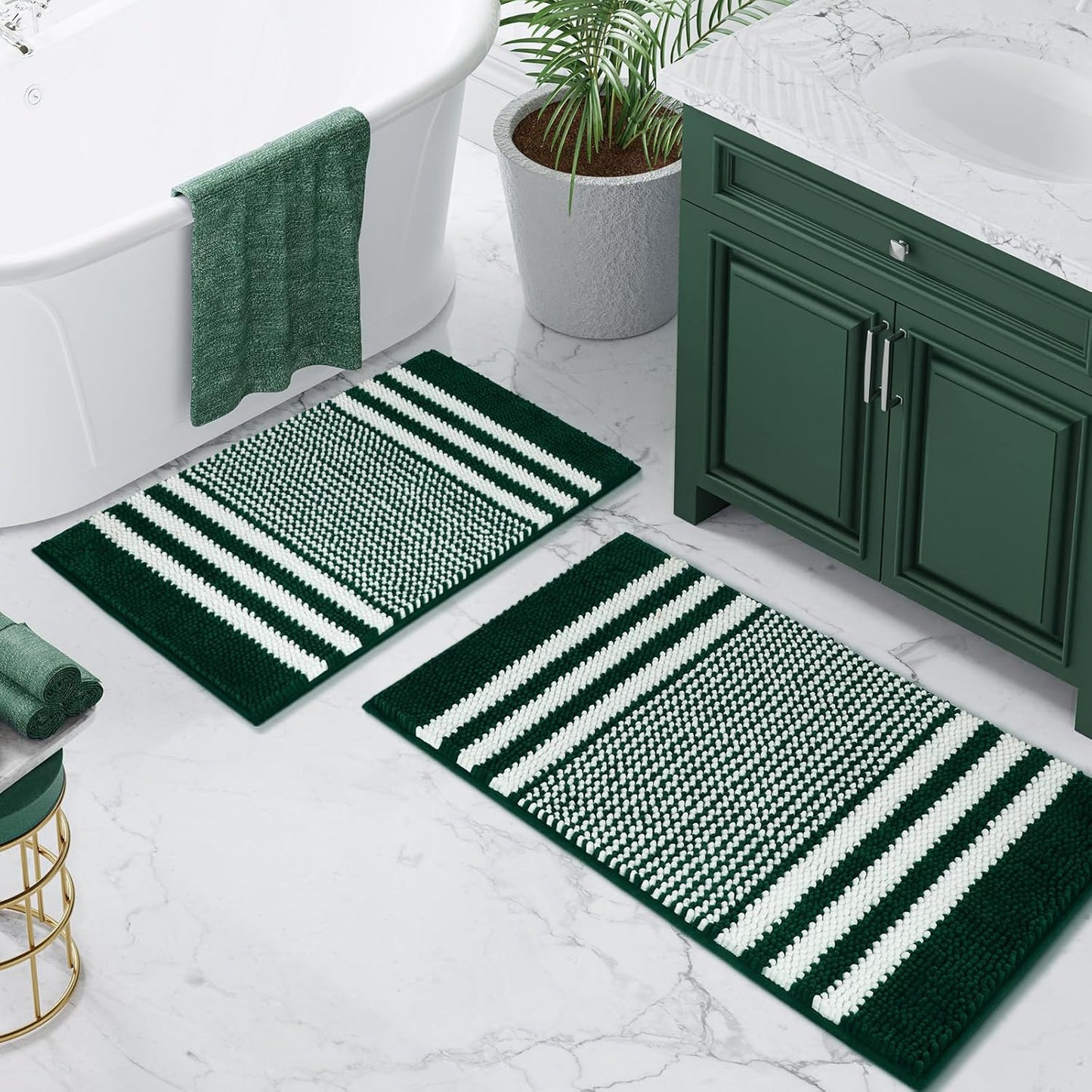 Bathroom Rugs Set 2 Piece, Extra Soft and Absorbent Fluffy Striped Chenille Bath Mat Rug Set, Non Slip Bathroom Floor Mat, Machine Washable (20" X 32" plus 16" X 24", Khaki)