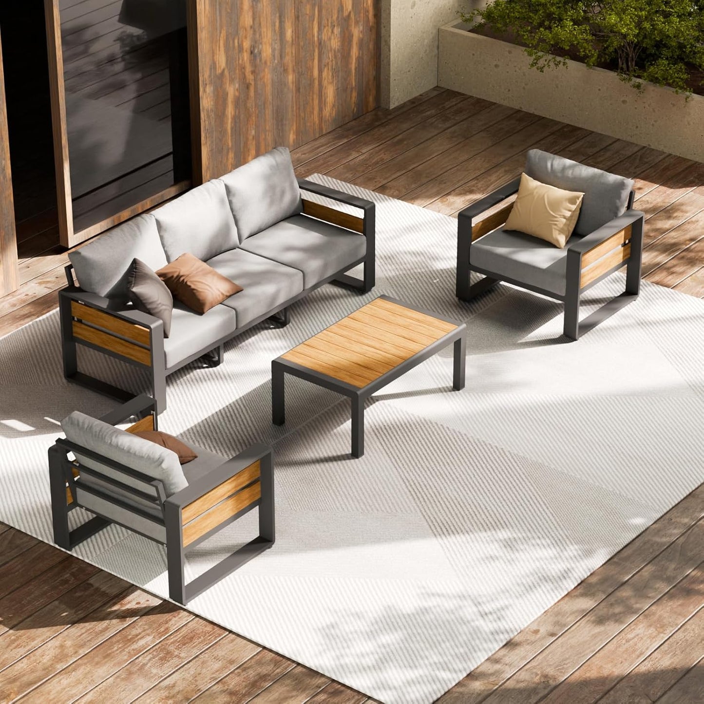 Aluminum Outdoor Patio Furniture Set, 5-Piece Metal Modern outside Sectional Conversation Lawn Furniture with Coffee Table & Washable Thick Cushions,Seating Sofa for Garden/Backyard/Porch Grey