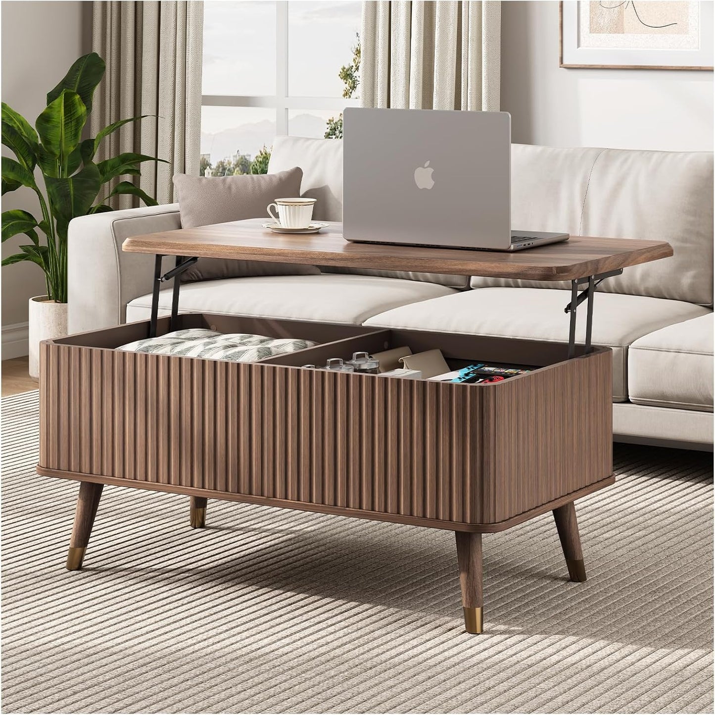 Round Coffee Table with Storage,Mid Century Modern Coffee Table with Sliding Cabinet Door for Living Room,Home Small Space,31.5" Fluted Center Table,Walnut