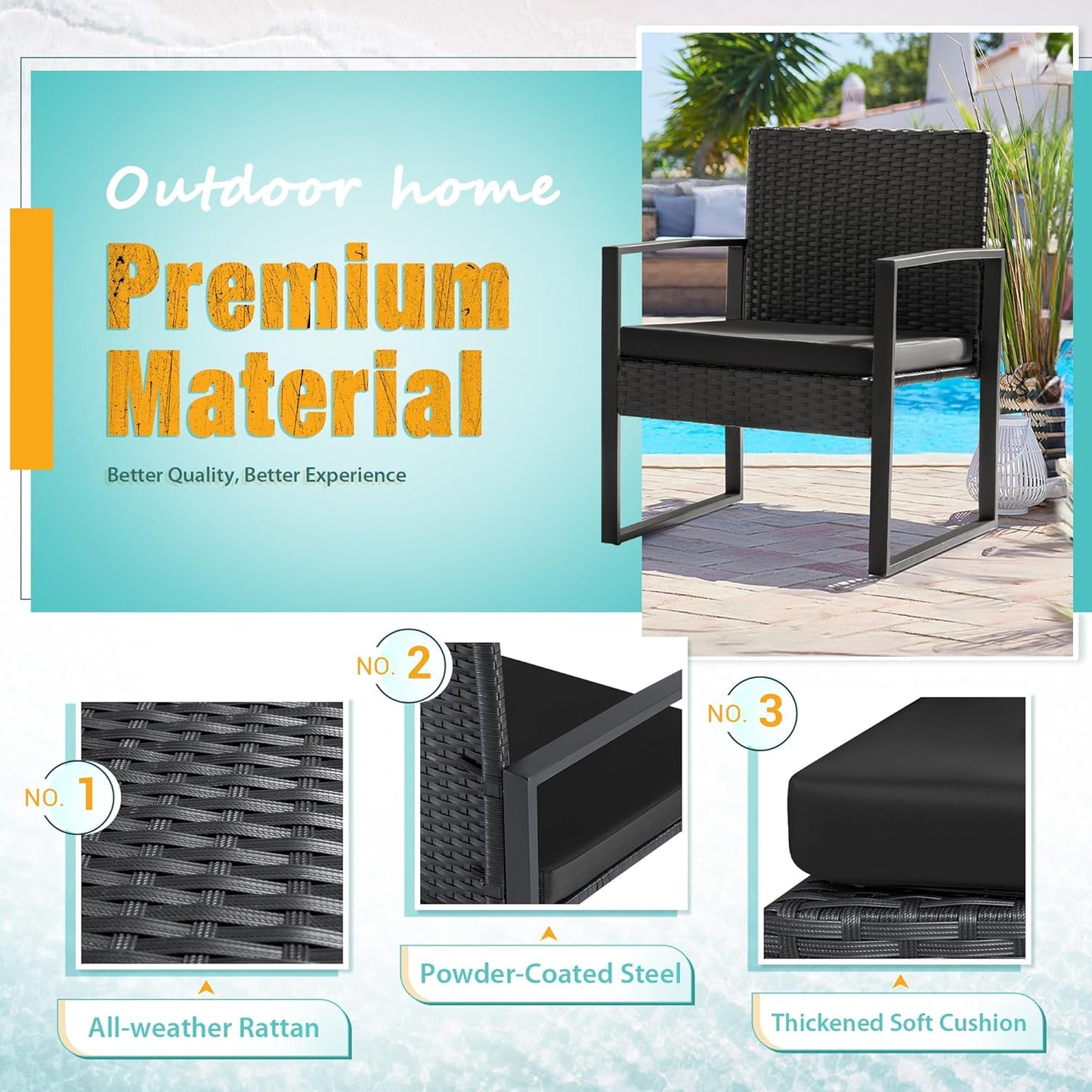 3-Piece Outdoor Wicker Patio Set with Coffee Table – Modern Rattan Bistro Chairs for Garden & Yard