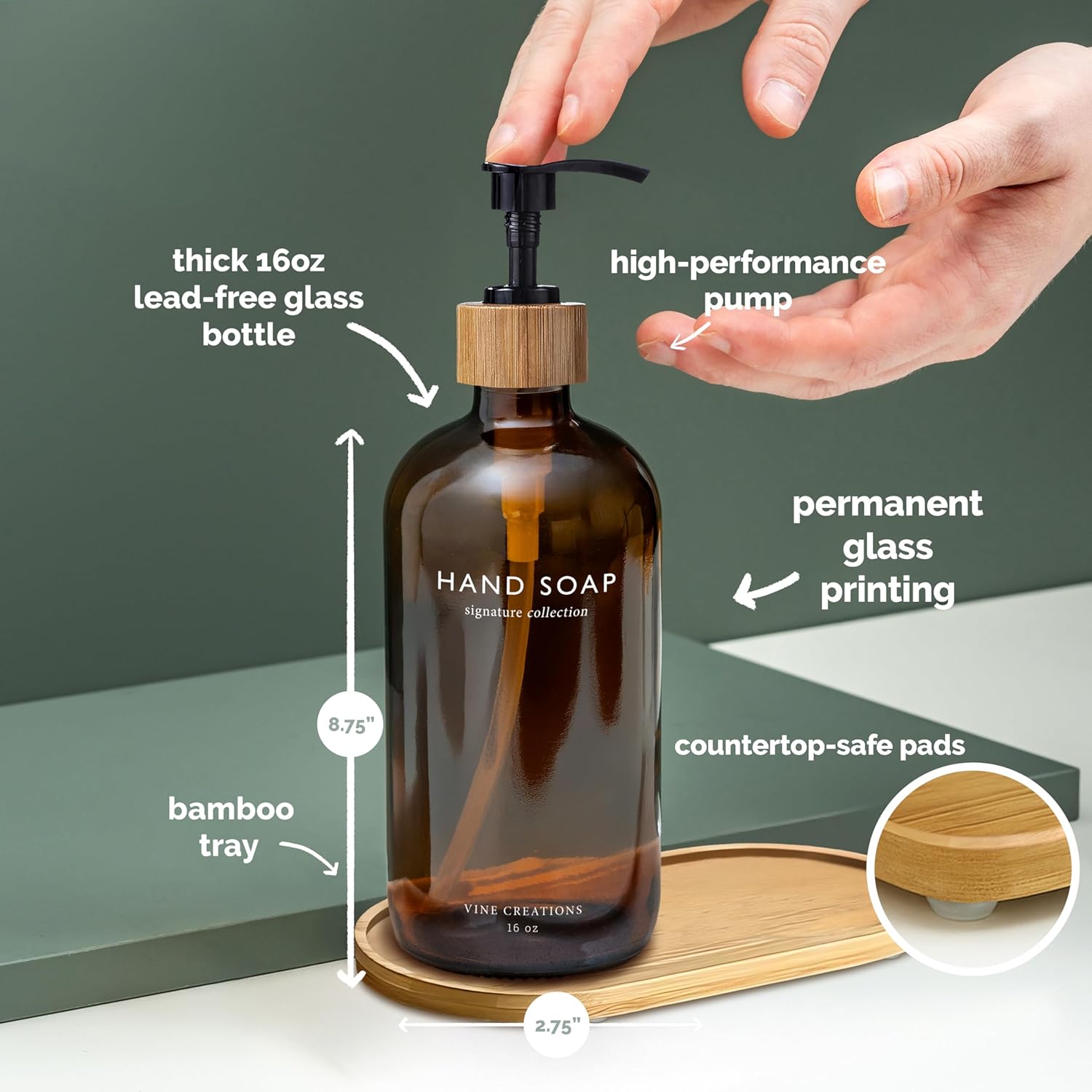 Amber Glass Soap Dispenser Set, Hand Soap and Dish Soap Dispenser Set with Bamboo Tray, 16 Oz Glass Dispensers Bottle for Kitchen and Bathroom Decor Modern Boho with Bamboo Pump (Amber)