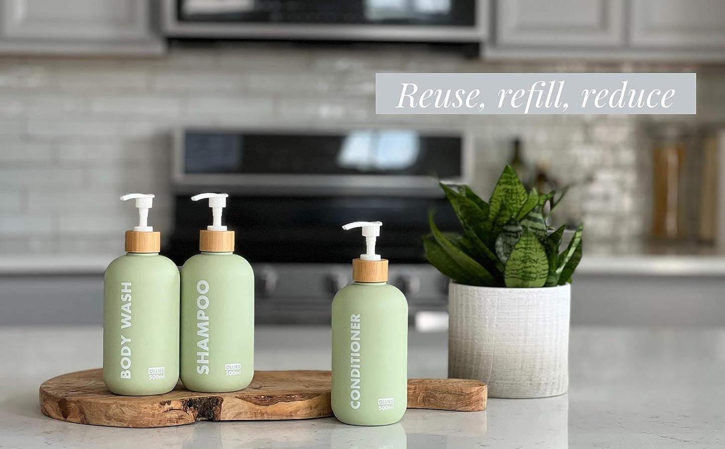 Shampoo and Conditioner Dispenser, Shower Soap Dispenser for Bathroom-Set of 3 with Permanent Stylish Label-17Oz, 500Ml Refillable Shampoo and Conditioner Bottles Green