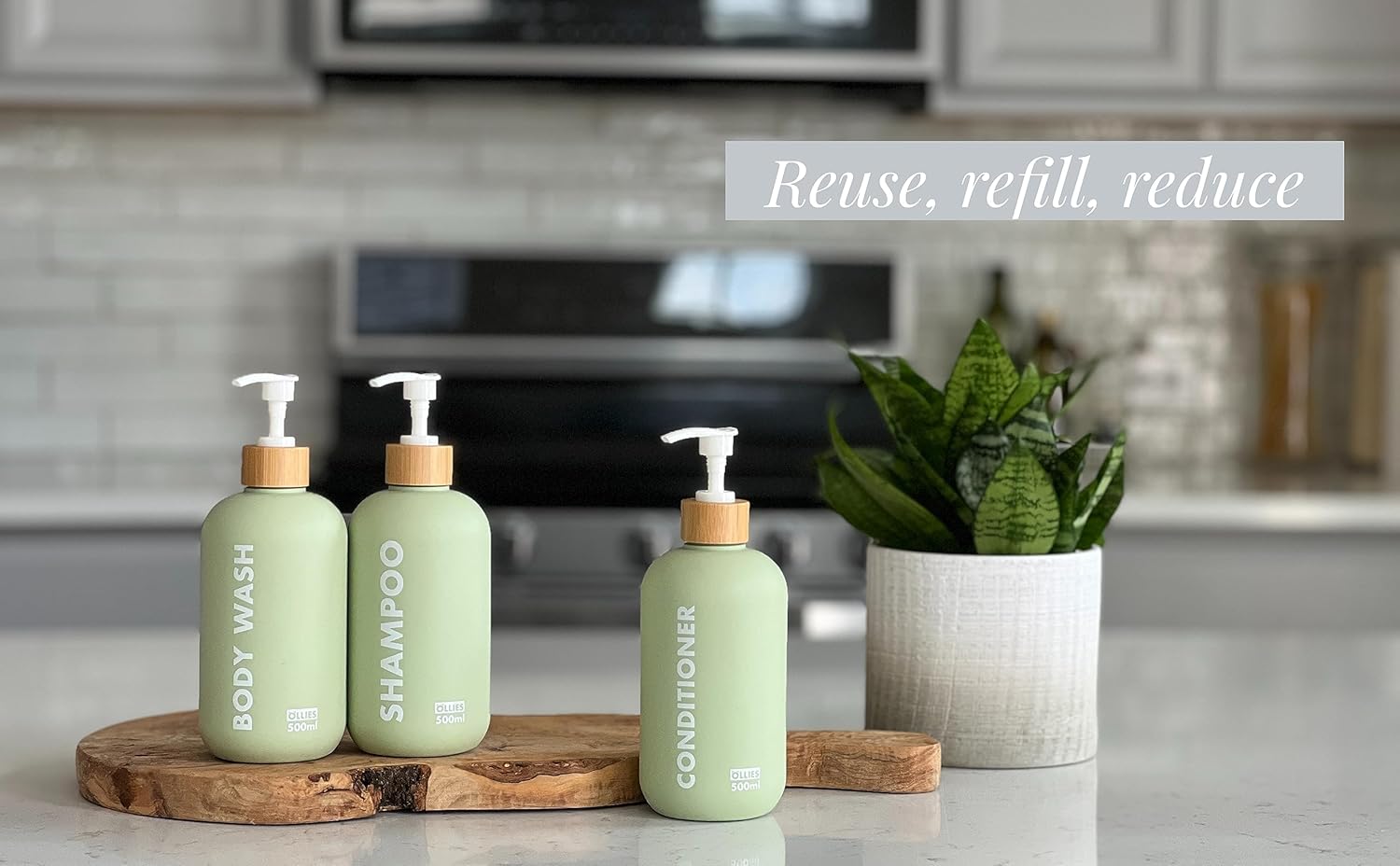 Shampoo and Conditioner Dispenser, Shower Soap Dispenser for Bathroom-Set of 3 with Permanent Stylish Label-17Oz, 500Ml Refillable Shampoo and Conditioner Bottles Green