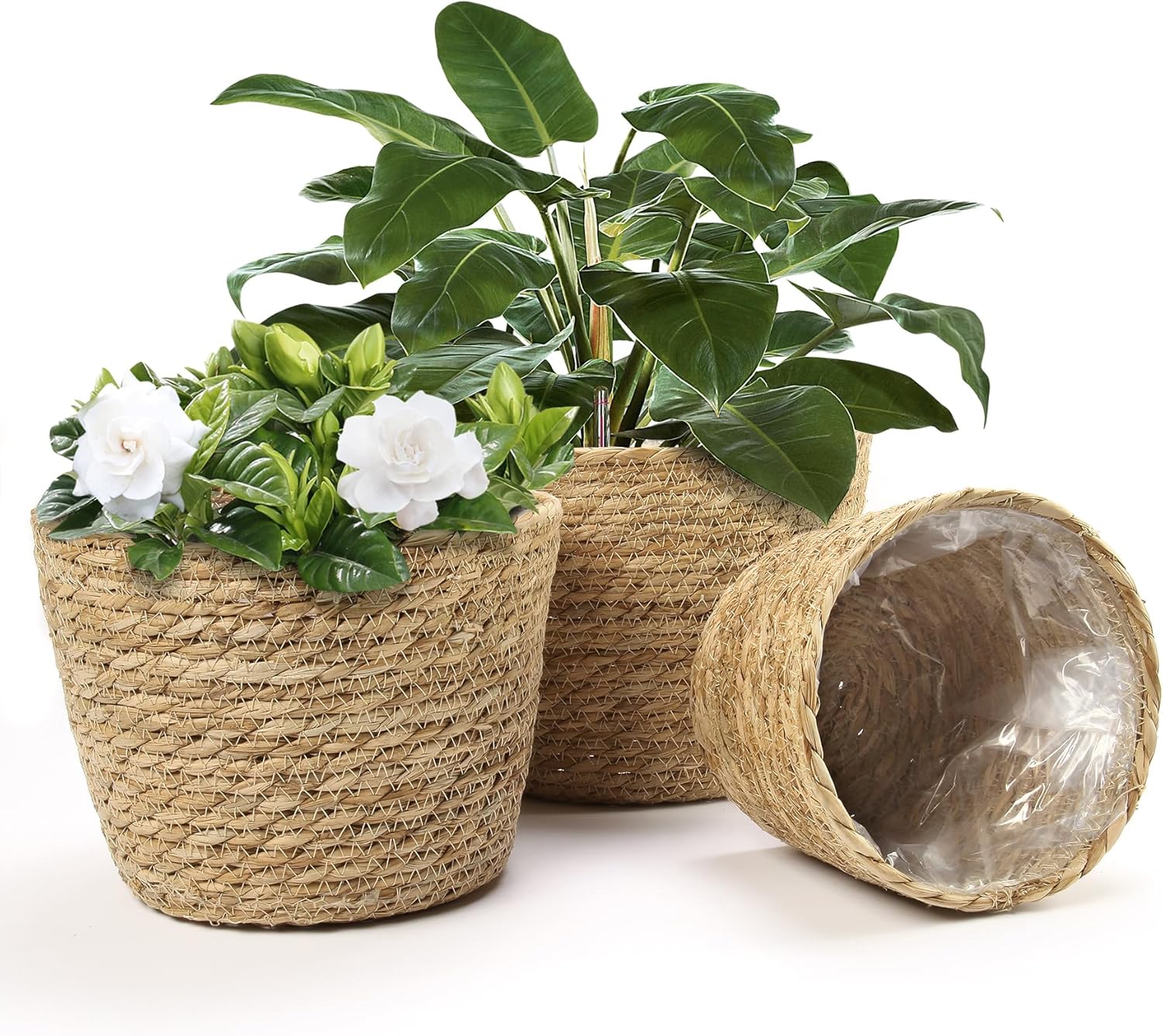 Plant Basket, 3 PCS Plant Baskets Indoor with Plastic Liner, Water Hyacinth Woven Planters Flower Basket, Planter Basket for Rustic Boho Home Farmhouse Floor Potted Pots Decor