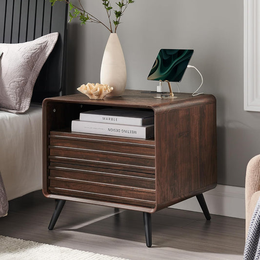 24" Nightstand with Charger Station, Mid Century Modern Fluted End Table with 2 Drawers, Wooden Side Table with Open Cubby Storage for Living Room, Bedroom, Office (Dark Walnut)