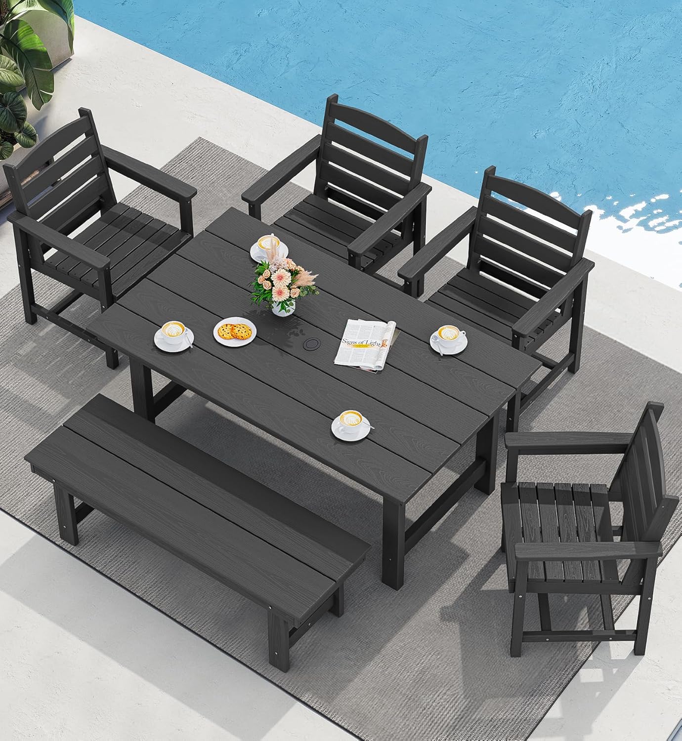 Patio Dining Table Sets 5-Piece, Outdoor HDPE Dining Furniture Set with Umbrella Hole Cut-Out Table and 4 Chairs, All Weather Dining Set for Lawn, Garden, Backyard, Poolside, Black