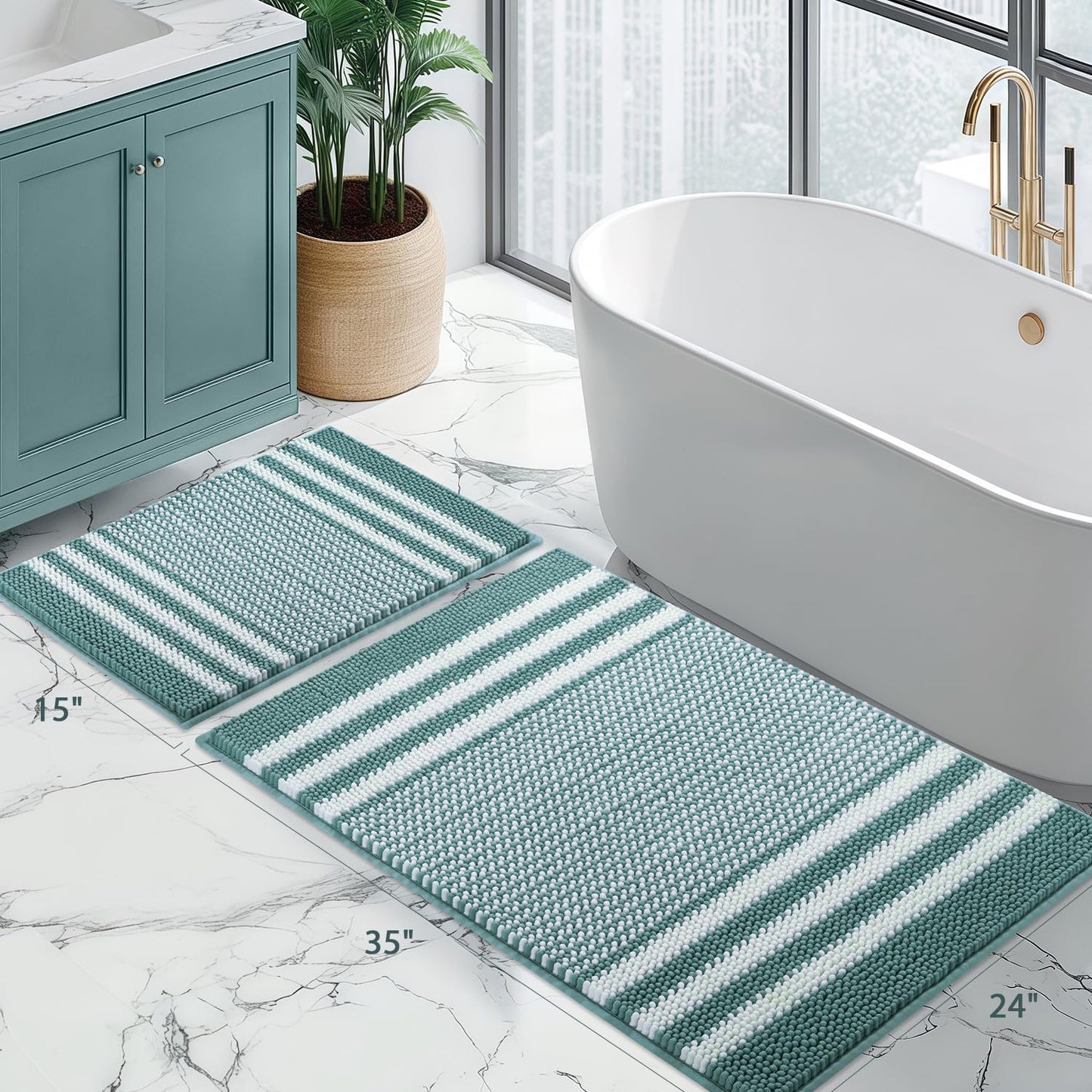 Bathroom Rugs Set 2 Piece, Extra Soft and Absorbent Fluffy Striped Chenille Bath Mat Rug Set, Non Slip Bathroom Floor Mat, Machine Washable (20" X 32" plus 16" X 24", Khaki)