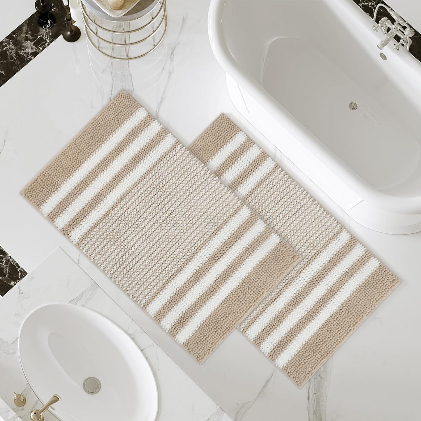 Bathroom Rugs Set 2 Piece, Extra Soft and Absorbent Fluffy Striped Chenille Bath Mat Rug Set, Non Slip Bathroom Floor Mat, Machine Washable (20" X 32" plus 16" X 24", Khaki)