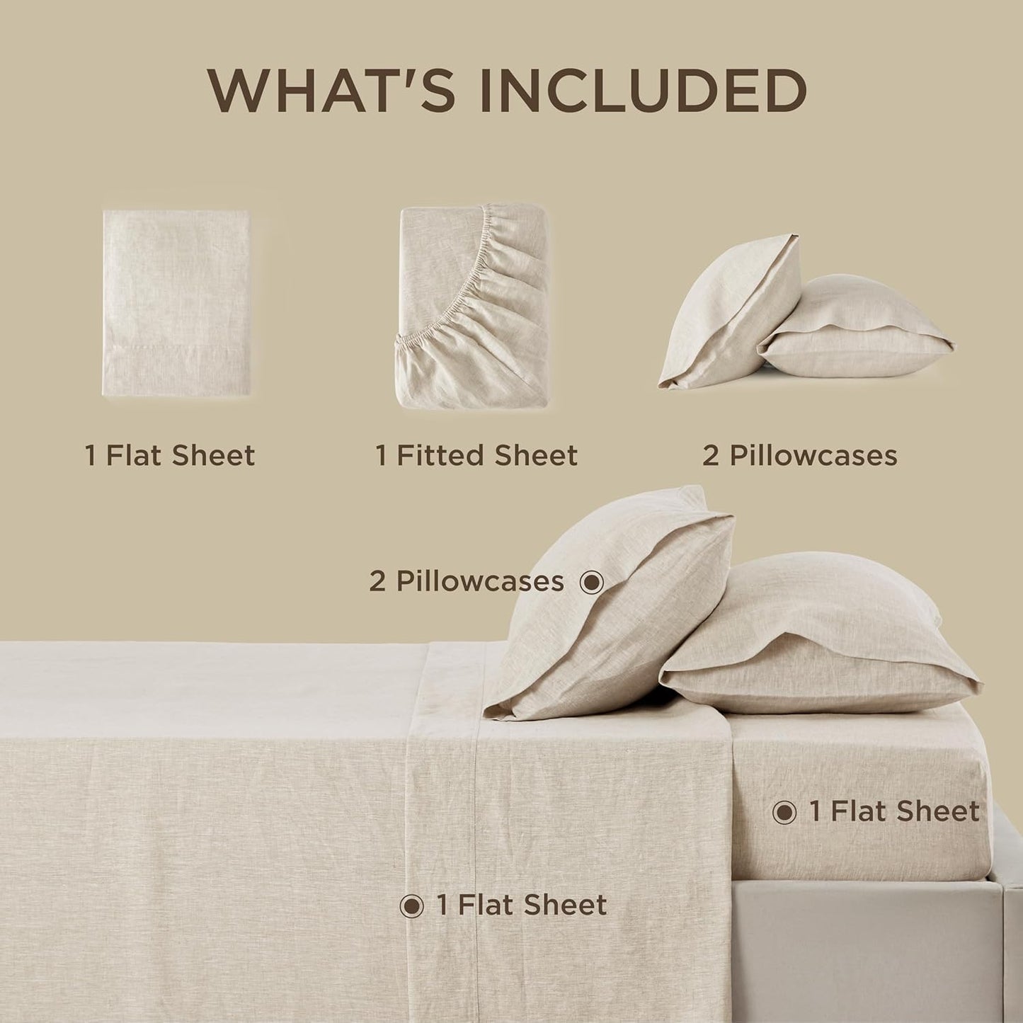 Linen Sheets - Queen Size Bed, Blend from Linen Cotton ets, Breathable Cotton ets, Gifts for All Seasons, 4 Pieces, Linen