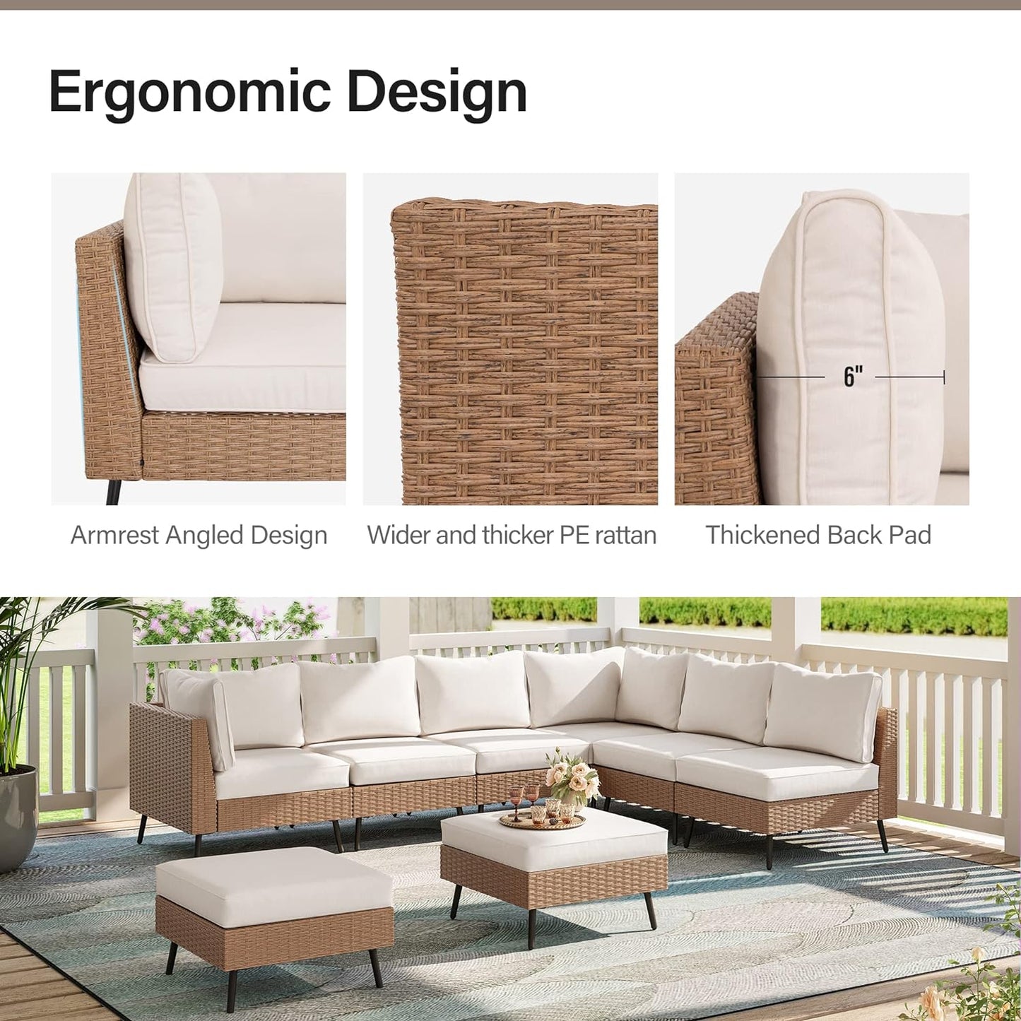 Outdoor Patio Furniture, 8 Piece Outdoor Sectional Sofa PE Rattan Wicker Patio Conversation Sets,All Weather Patio Furniture Set with Thick Cushions for Garden, Poolside, Backyard(Beige)