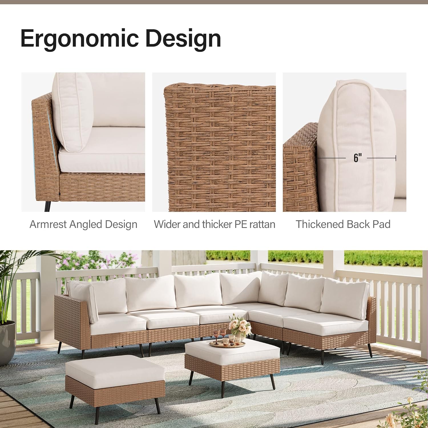 Outdoor Patio Furniture, 8 Piece Outdoor Sectional Sofa PE Rattan Wicker Patio Conversation Sets,All Weather Patio Furniture Set with Thick Cushions for Garden, Poolside, Backyard(Beige)