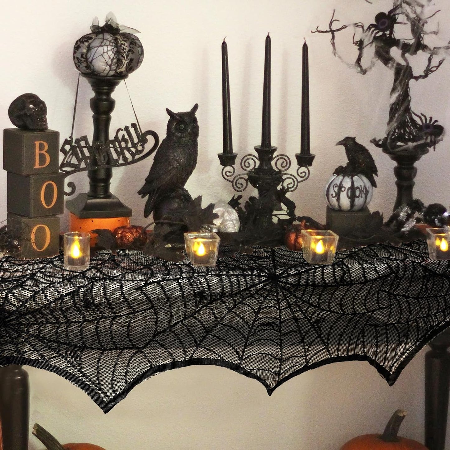 Halloween Decoration Black Lace Spiderweb Fireplace Mantle Scarf Cover Festive Party Supplies 45 X 243Cm 18 X 96 Inch