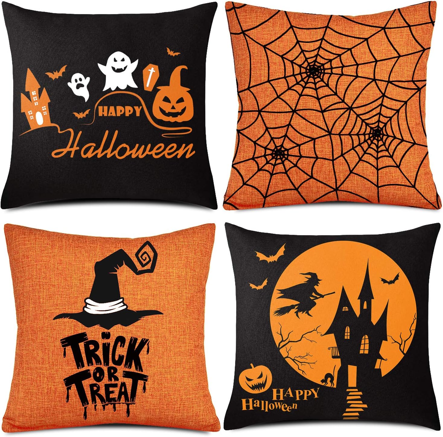 Halloween Pillow Case Large Orange and Black Pillow Cover 20" X 20" Happy Halloween Spider Ghost Pumpkin Linen Sofa Bed Throw Cushion Cover Decoration for Home Office, 4Pcs