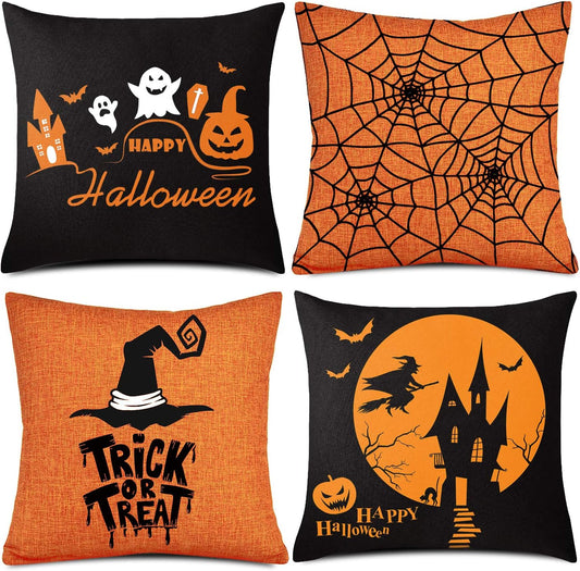 Halloween Pillow Case Large Orange and Black Pillow Cover 20" X 20" Happy Halloween Spider Ghost Pumpkin Linen Sofa Bed Throw Cushion Cover Decoration for Home Office, 4Pcs