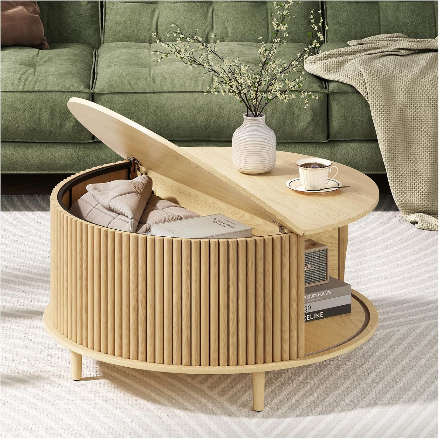 Round Coffee Table with Storage,Mid Century Modern Coffee Table with Sliding Cabinet Door for Living Room,Home Small Space,31.5" Fluted Center Table,Walnut