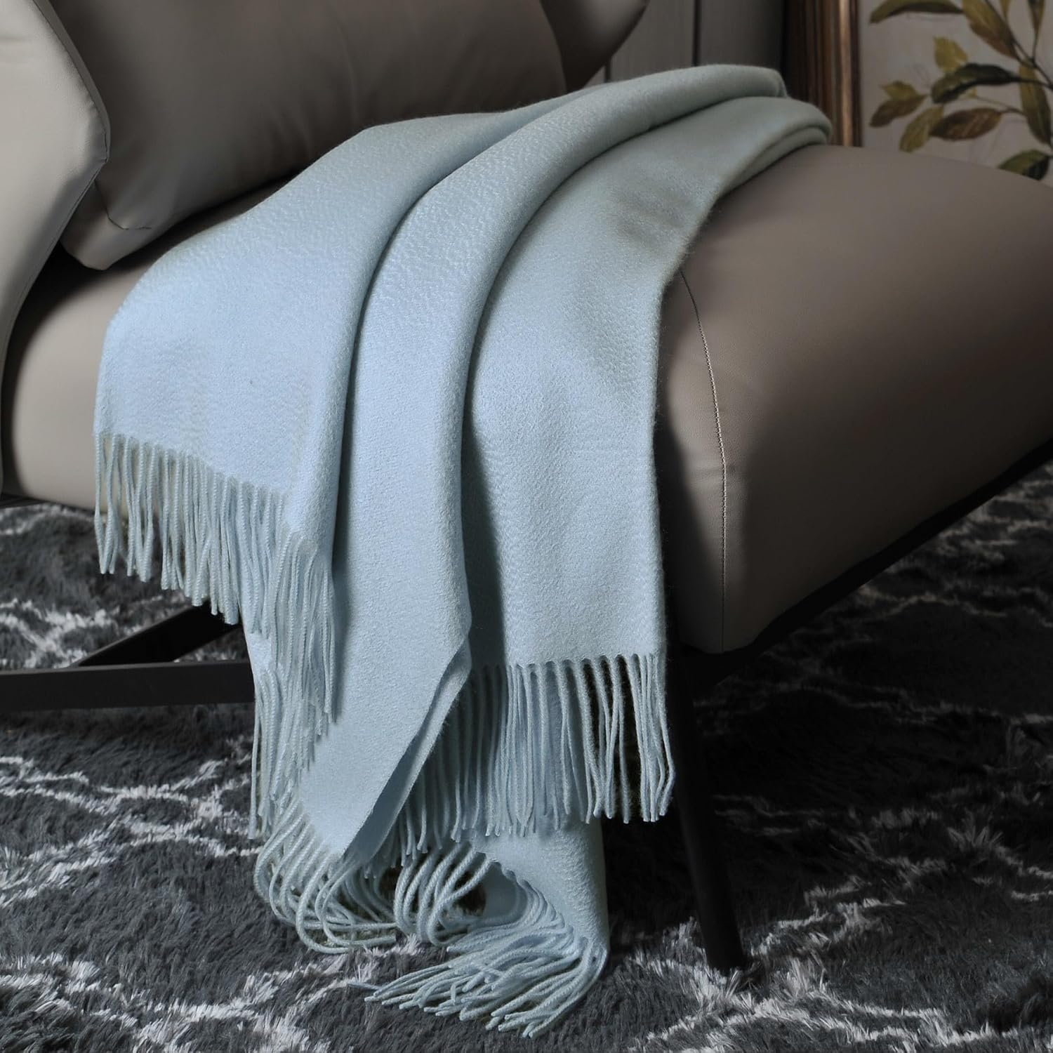 100% Pure Cashmere Throw Blanket for Sofa, Classic Design with Gift Box (Baby Blue)