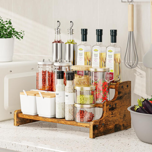 3-Tier Spice Rack, 13.8 Inch Wood Step Shelf Countertop Spice Storage Holder, Kitchen Pantry Cabinet Organizer Cupboard for Spice Bottles, Jars, Seasonings, Baking Supplies,Bathroom Organizer