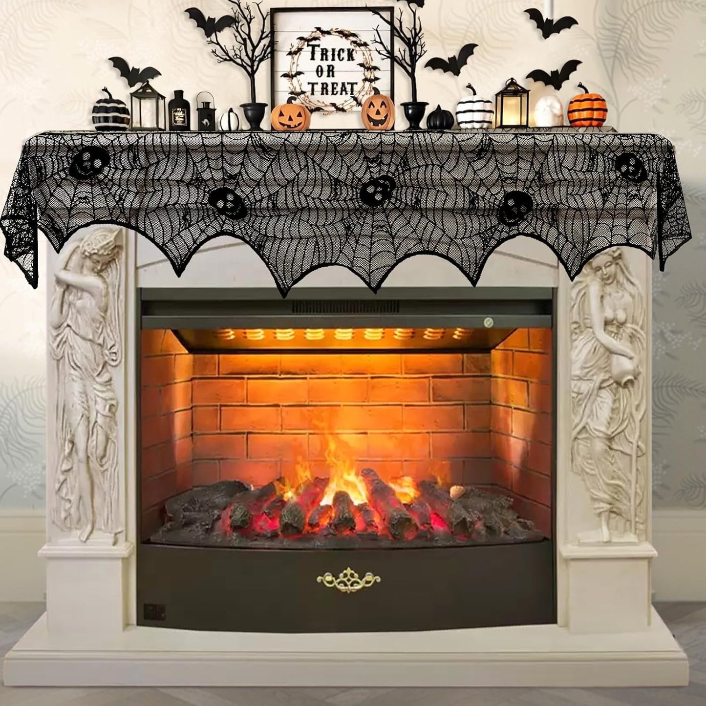 Halloween Decoration Black Lace Spiderweb Fireplace Mantle Scarf Cover Festive Party Supplies 45 X 243Cm 18 X 96 Inch