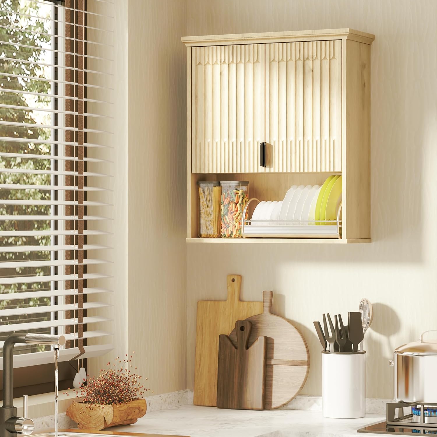 Wall Mounted Cabinet, Modern Medicine Cabinets with Fluted Doors and Adjustable Shelf over the Toilet Storage Organizer