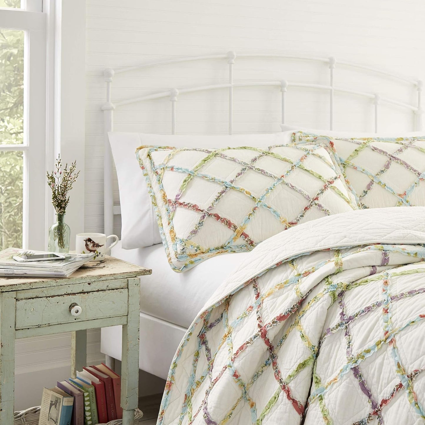 Home Ruffle Garden Collection Quilt-100% Cotton, Ultra Soft, All Season Bedding, Reversible Stylish Coverlet, Twin, Cream