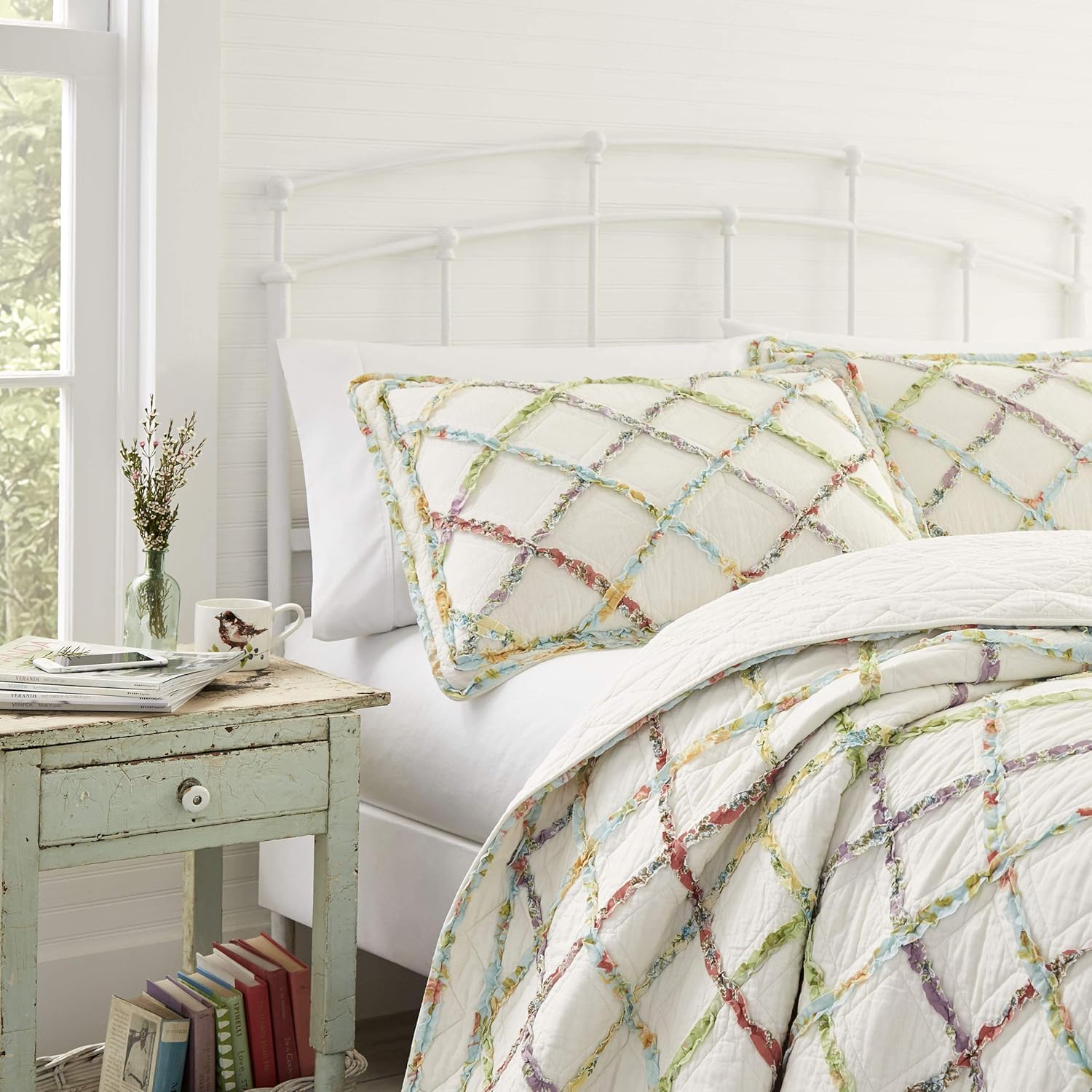 Home Ruffle Garden Collection Quilt-100% Cotton, Ultra Soft, All Season Bedding, Reversible Stylish Coverlet, Twin, Cream