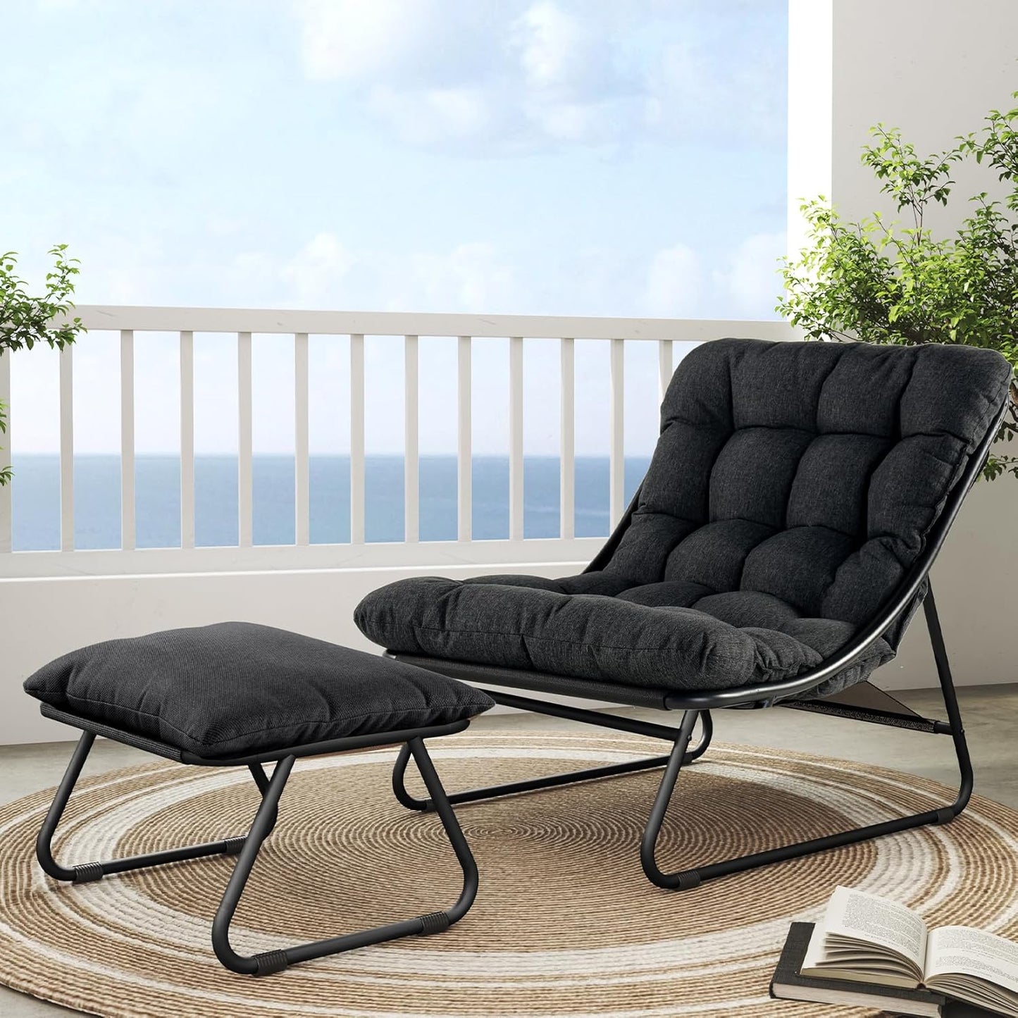 Outdoor Lounge Chair with Foot Stool, Comfy Sling Recliner Chair with Puffy Cushion and Foot Rest, Modern Patio Furniture Set for Porch Deck Garden, Champagne Gray