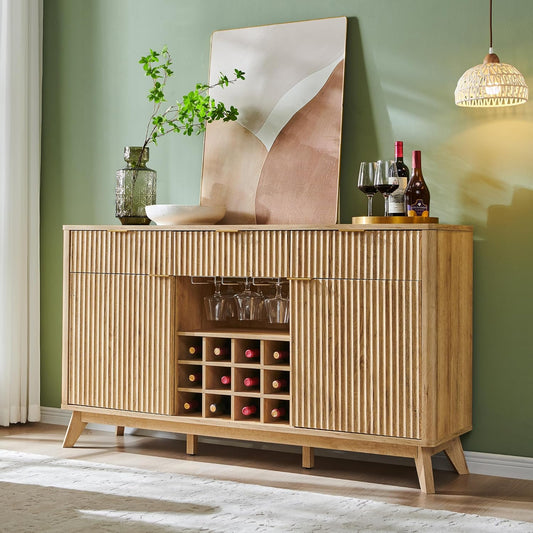 Fluted Wine Bar Cabinet for Liquor, 60" Modern Coffee Bar Cabinet W/Wine & Glass Rack, Large Buffet Sideboard W/ 3 Storage Drawers & Adjustable Shelves for Home, Dining Room, Kitchen, Natural Oak