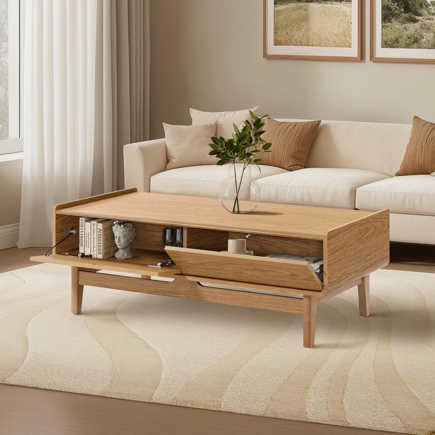 Luxenhome Coffee Table with Storage, 47" Mid Century Modern Coffee Table, Live Edge Coffee Tables for Living Room, Wooden Center Table with Ample Storage Space
