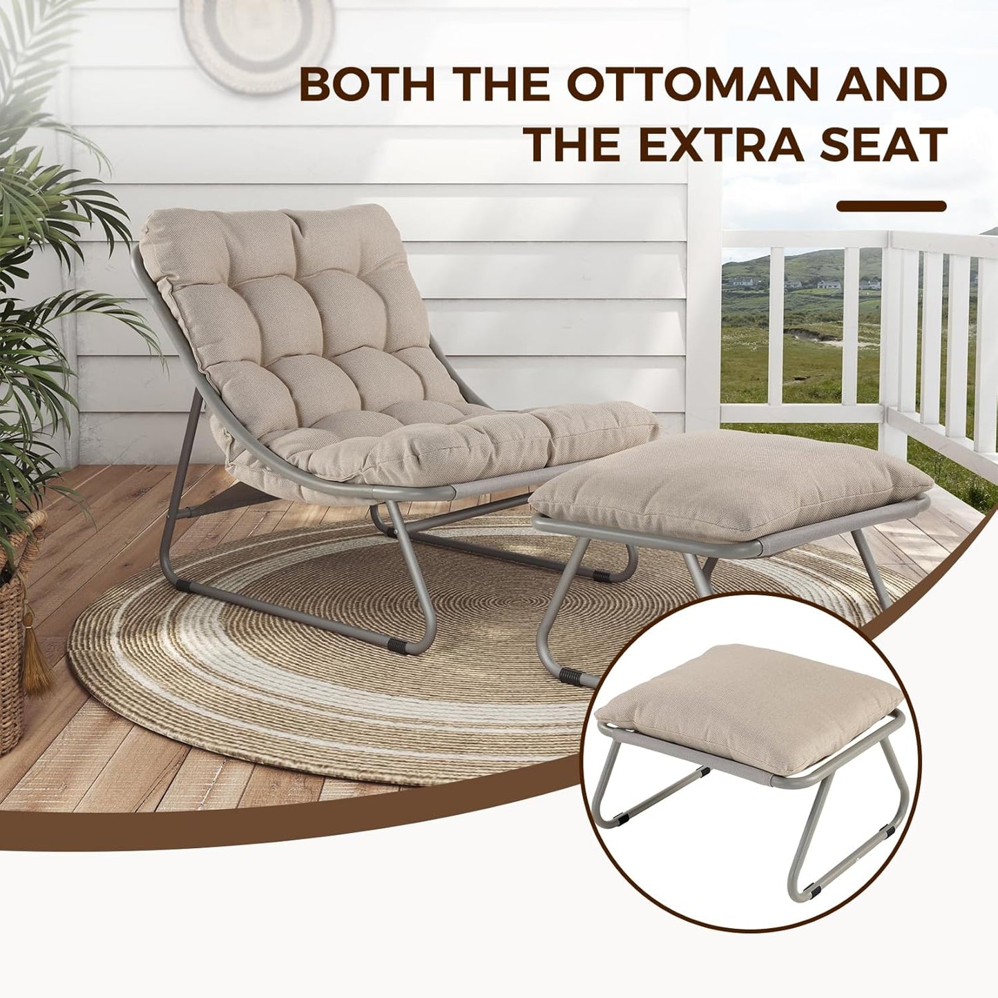 Outdoor Lounge Chair with Foot Stool, Comfy Sling Recliner Chair with Puffy Cushion and Foot Rest, Modern Patio Furniture Set for Porch Deck Garden, Champagne Gray