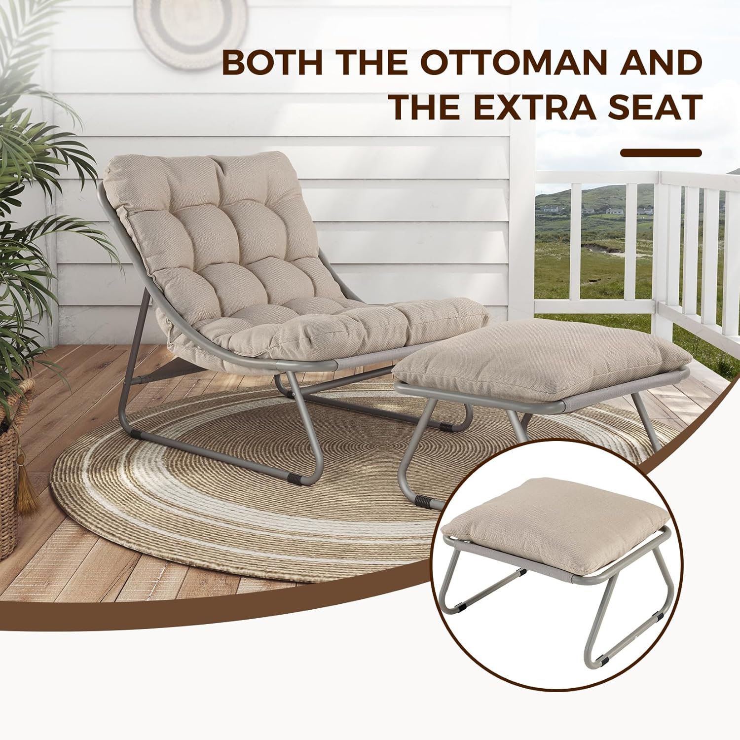 Outdoor Lounge Chair with Foot Stool, Comfy Sling Recliner Chair with Puffy Cushion and Foot Rest, Modern Patio Furniture Set for Porch Deck Garden, Champagne Gray