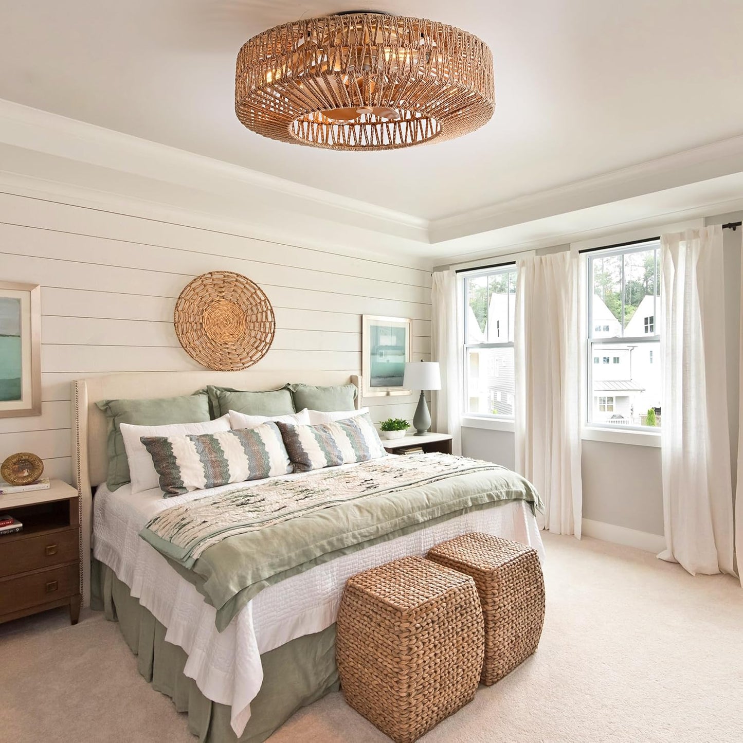 20" Boho Caged Fandelier with Lights Flush Mount Rattan Ceiling Fan with Lights and Remote Control, Enclosed 6 Speeds Low Profile Fan Light for Bedroom, Living Room, Kitchen