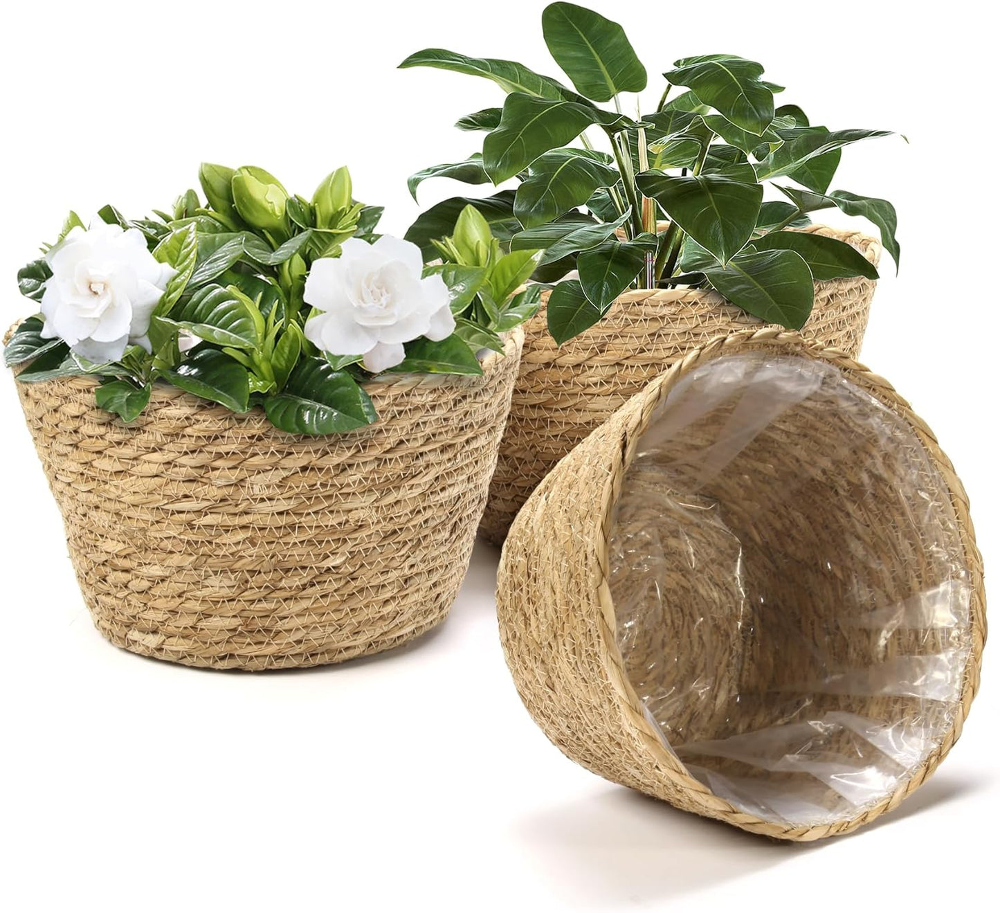 Plant Basket, 3 PCS Plant Baskets Indoor with Plastic Liner, Water Hyacinth Woven Planters Flower Basket, Planter Basket for Rustic Boho Home Farmhouse Floor Potted Pots Decor