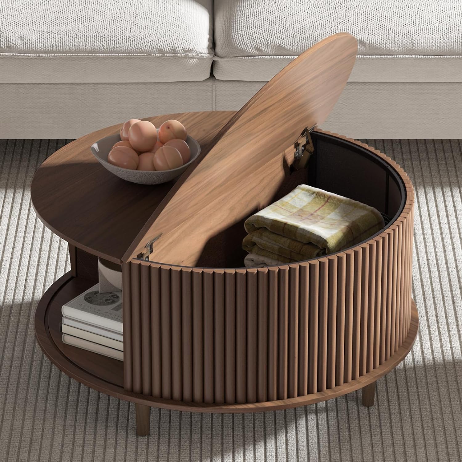 Round Coffee Table with Storage,Mid Century Modern Coffee Table with Sliding Cabinet Door for Living Room,Home Small Space,31.5" Fluted Center Table,Walnut