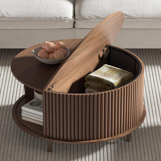 Round Coffee Table with Storage,Mid Century Modern Coffee Table with Sliding Cabinet Door for Living Room,Home Small Space,31.5" Fluted Center Table,Walnut