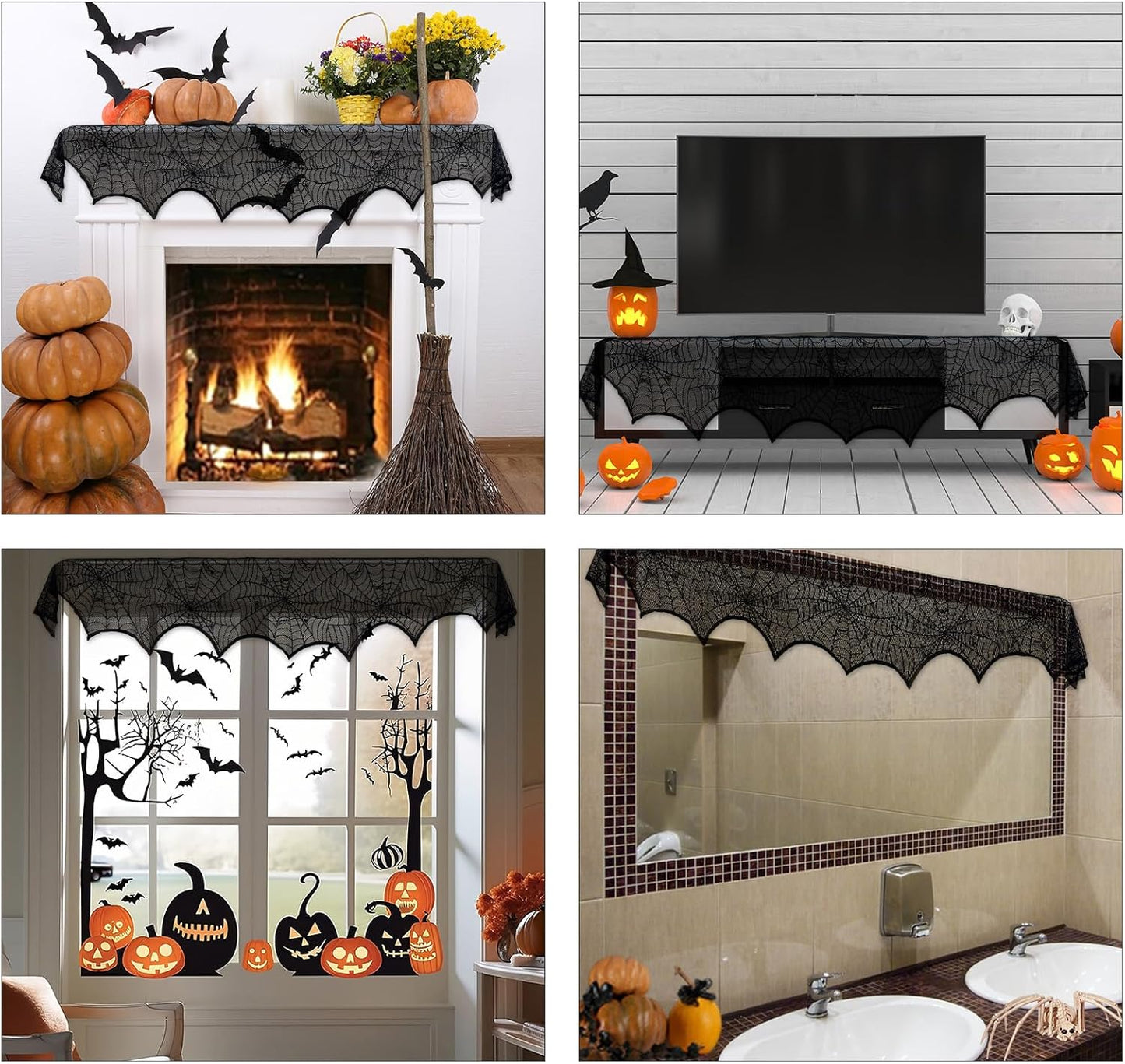 Halloween Decoration Black Lace Spiderweb Fireplace Mantle Scarf Cover Festive Party Supplies 45 X 243Cm 18 X 96 Inch