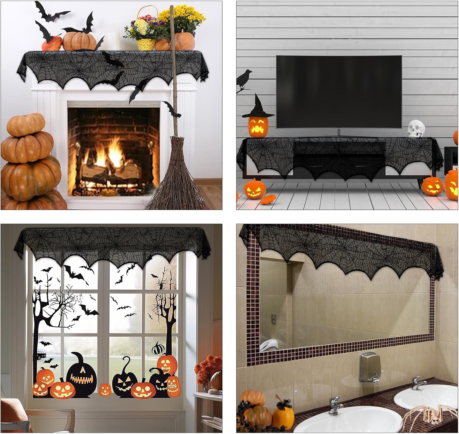 Halloween Decoration Black Lace Spiderweb Fireplace Mantle Scarf Cover Festive Party Supplies 45 X 243Cm 18 X 96 Inch