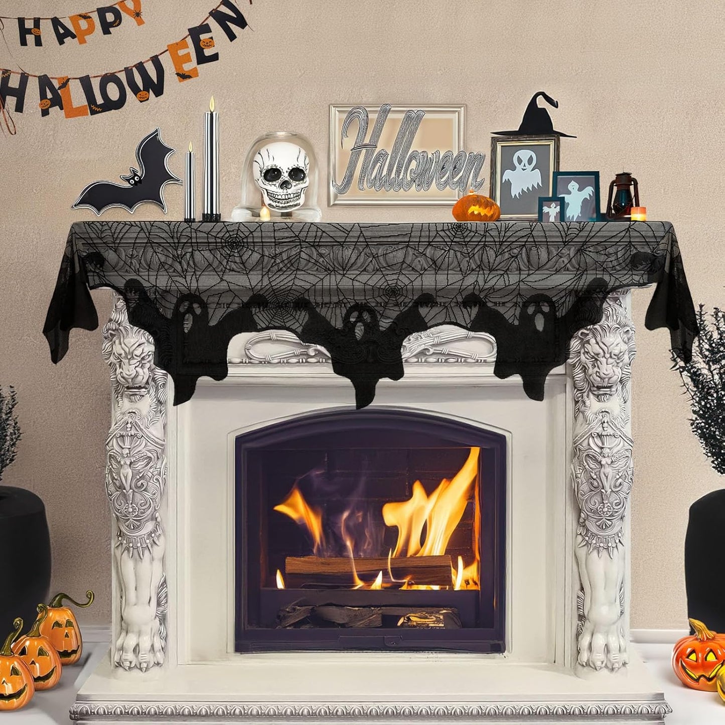 Halloween Decoration Black Lace Spiderweb Fireplace Mantle Scarf Cover Festive Party Supplies 45 X 243Cm 18 X 96 Inch