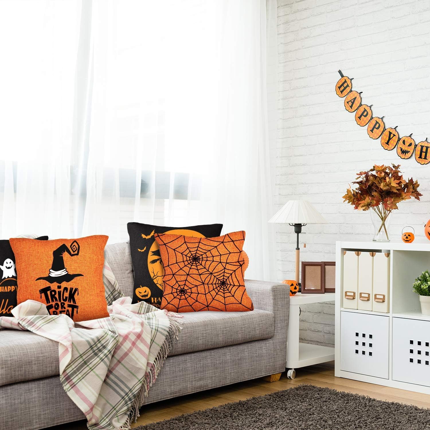Halloween Pillow Case Large Orange and Black Pillow Cover 20" X 20" Happy Halloween Spider Ghost Pumpkin Linen Sofa Bed Throw Cushion Cover Decoration for Home Office, 4Pcs