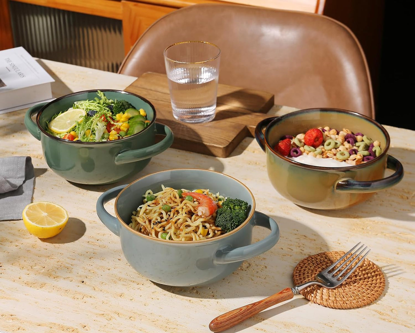 Ceramic Salad Bowl with Handles, 28 Oz French Onion Soup Bowls, Ceramic Soup Bowls for Cereal, Pasta, Chilli, Beef Stew, Stackable Serving Bowl Set of 4 (28 OZ)