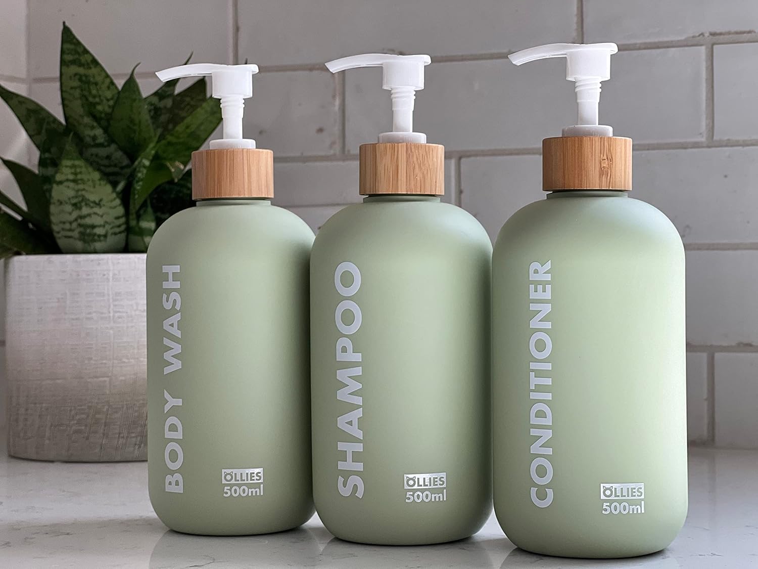 Shampoo and Conditioner Dispenser, Shower Soap Dispenser for Bathroom-Set of 3 with Permanent Stylish Label-17Oz, 500Ml Refillable Shampoo and Conditioner Bottles Green