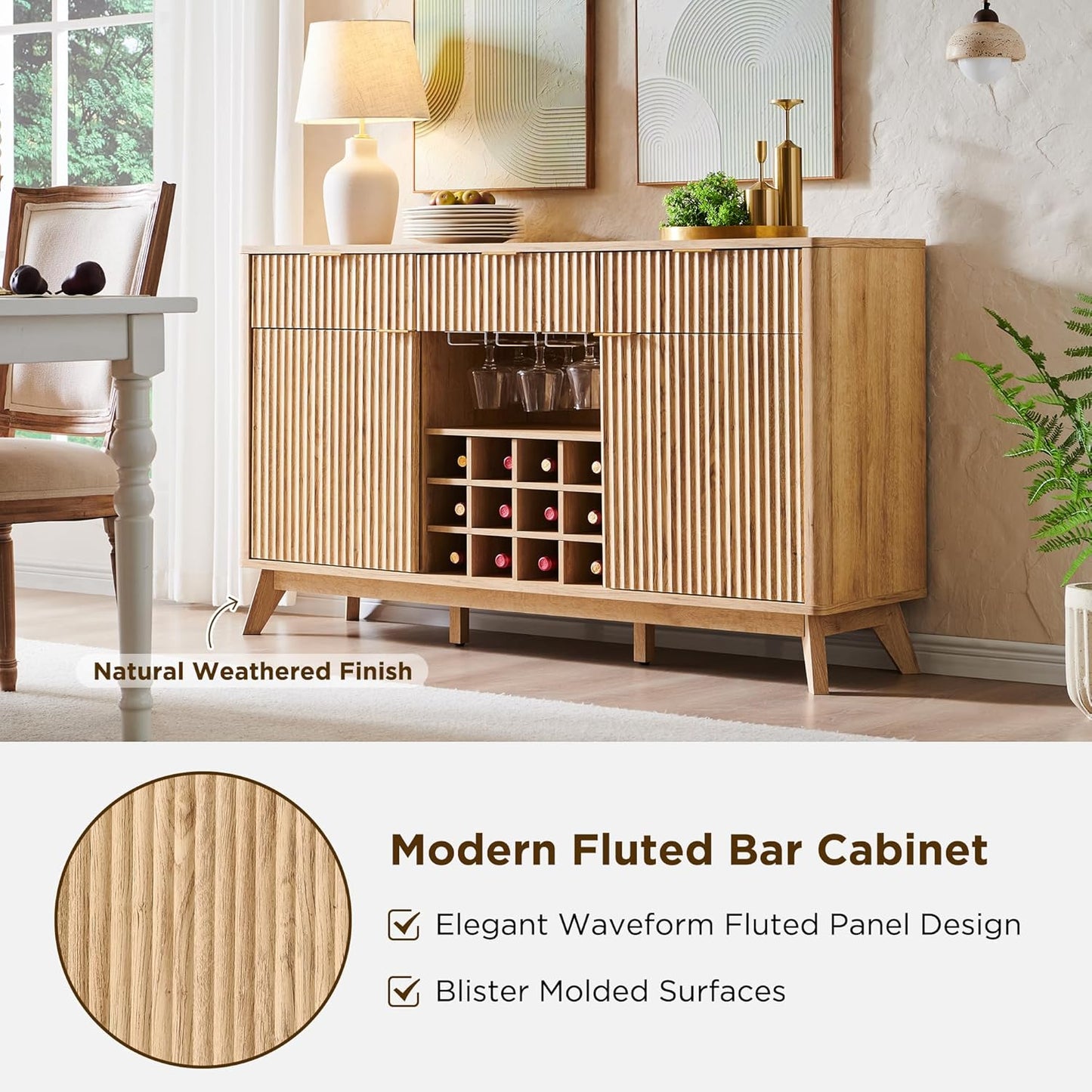 Fluted Wine Bar Cabinet for Liquor, 60" Modern Coffee Bar Cabinet W/Wine & Glass Rack, Large Buffet Sideboard W/ 3 Storage Drawers & Adjustable Shelves for Home, Dining Room, Kitchen, Natural Oak
