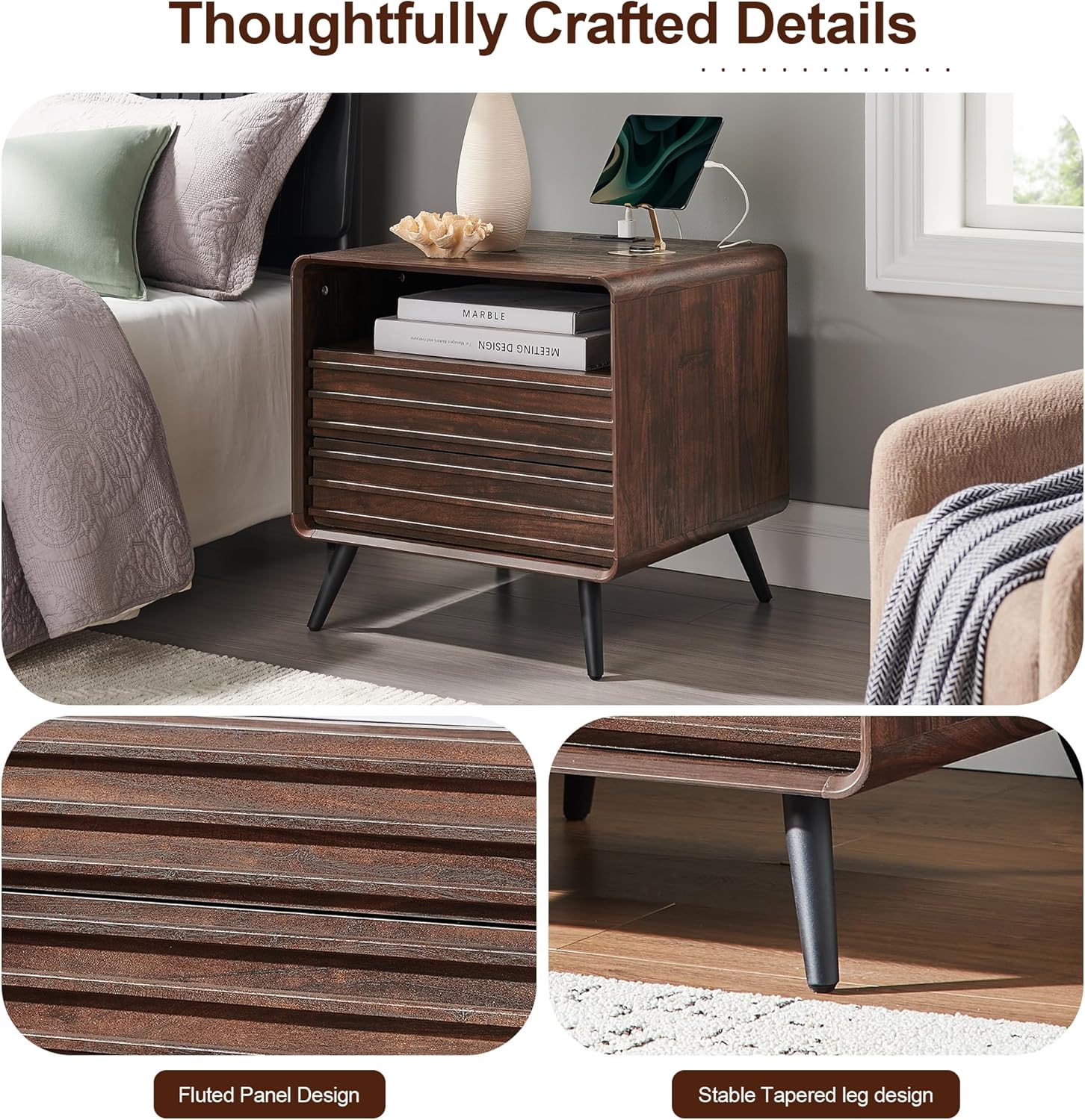 24" Nightstand with Charger Station, Mid Century Modern Fluted End Table with 2 Drawers, Wooden Side Table with Open Cubby Storage for Living Room, Bedroom, Office (Dark Walnut)