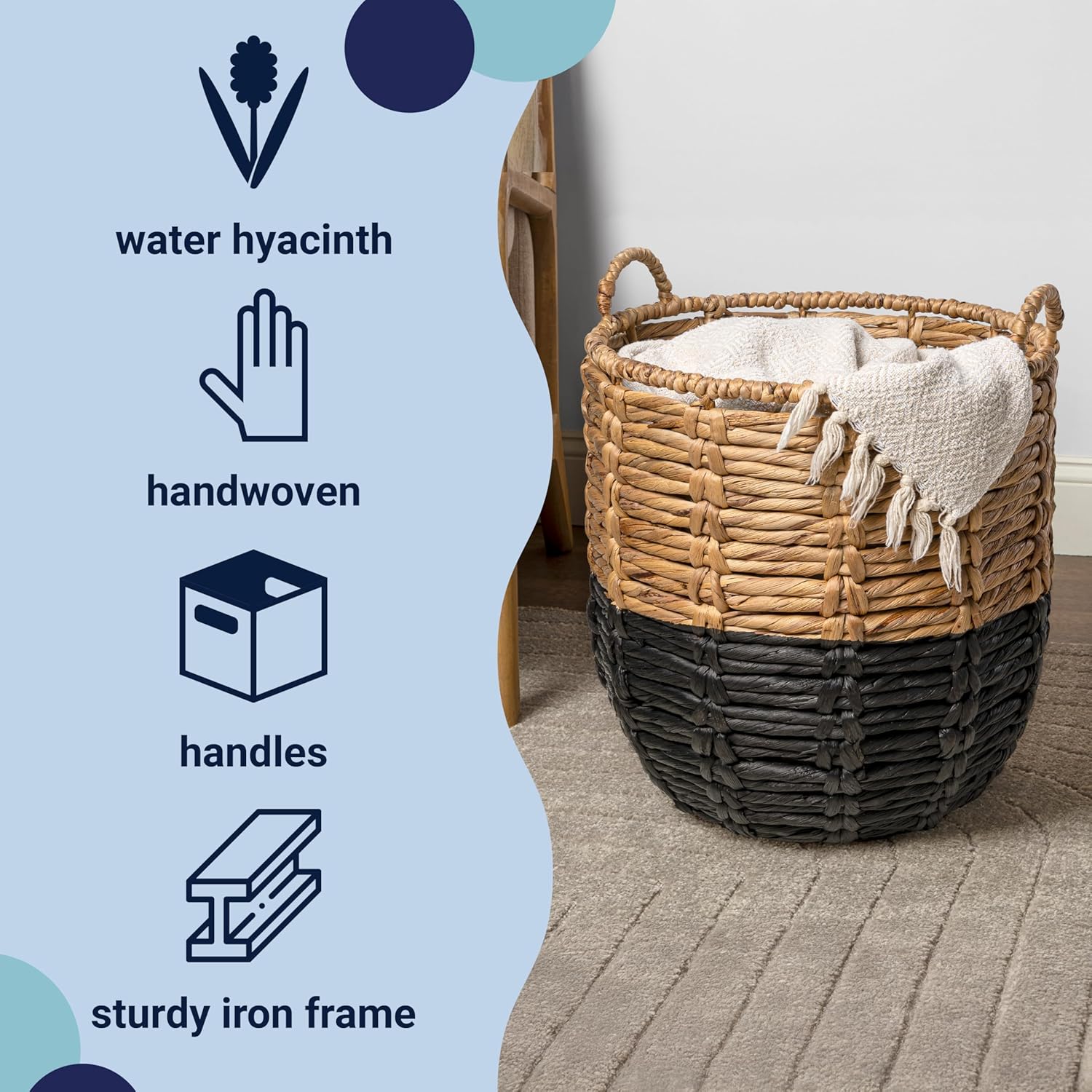 BSK1003D Laurel 19.49" Bohemian Handwoven Abaca Hamper Basket with Handles, Seagrass Container for Decoration in Bedroom, Living Room, Laundry Room, Entryway, Natural, Natural/Black