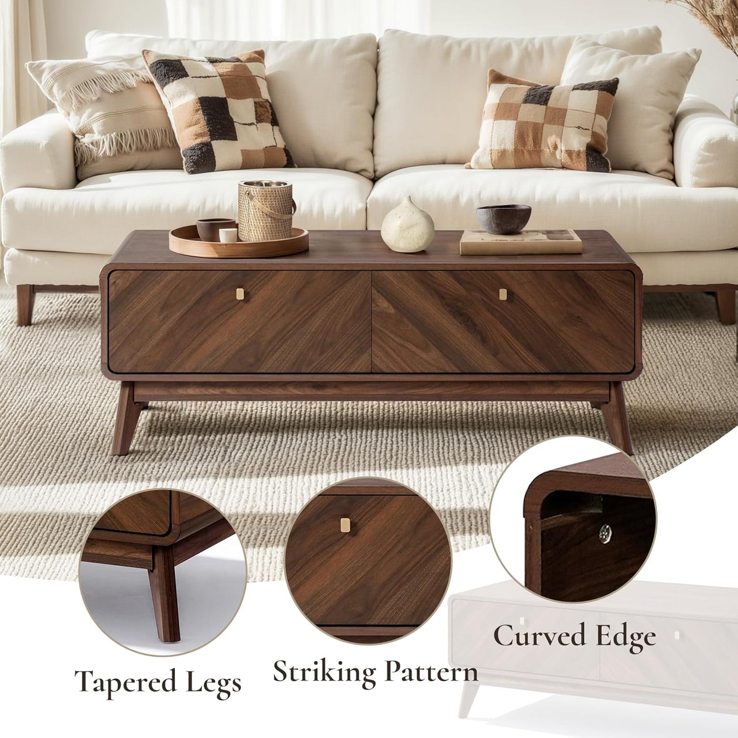 Luxenhome Coffee Table with Storage, 47" Mid Century Modern Coffee Table, Live Edge Coffee Tables for Living Room, Wooden Center Table with Ample Storage Space